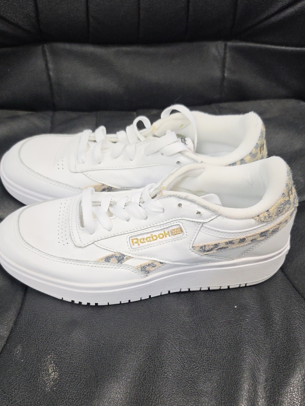 Reebok White Sneakers with Gold Logo and Leopard Trim